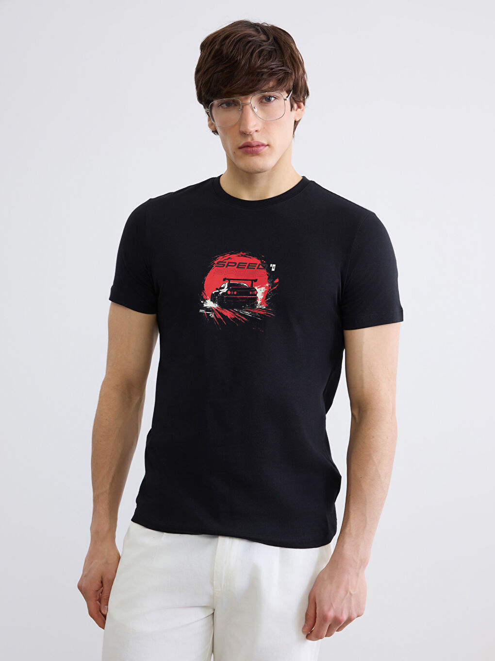 Siyah Baskılı Slim Fit Bisiklet Yaka Erkek Tişört