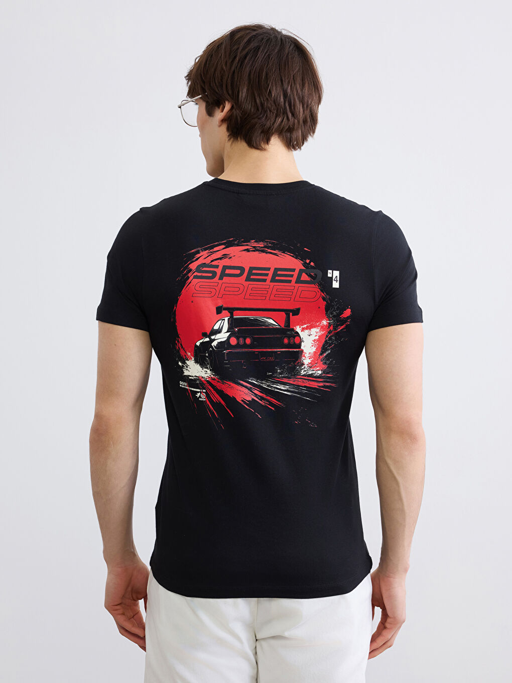 Siyah Baskılı Slim Fit Bisiklet Yaka Erkek Tişört-3