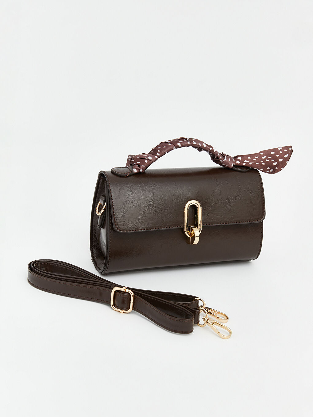 Kahverengi Deri Görünümlü Fularlı Kadın Omuz Çantası-1