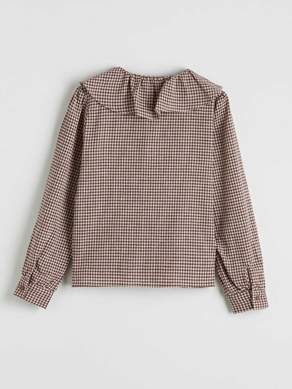 Bordo Ekose Desenli Fırfırlı Kız Çocuk Keten Karışımlı Gömlek-1