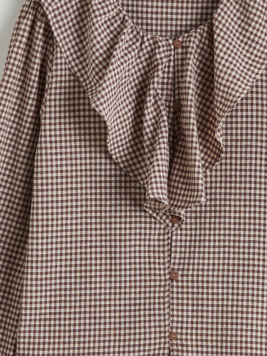 Bordo Ekose Desenli Fırfırlı Kız Çocuk Keten Karışımlı Gömlek-2