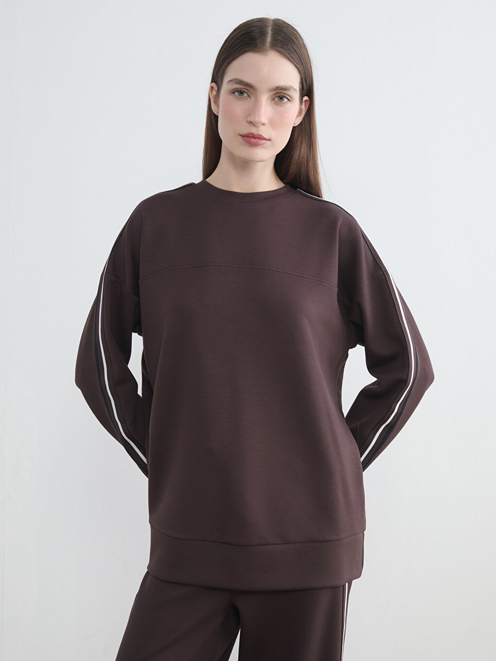 Kahverengi Bisiklet Yaka Oversize Kadın Sweatshirt Tunik