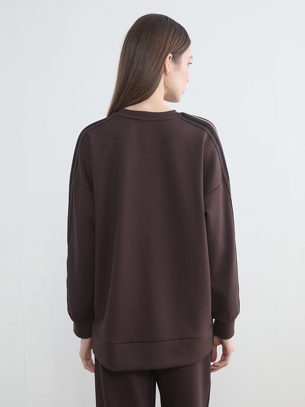 Kahverengi Bisiklet Yaka Oversize Kadın Sweatshirt Tunik-3