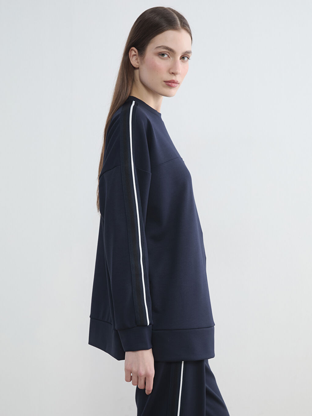 Lacivert Bisiklet Yaka Oversize Kadın Sweatshirt Tunik