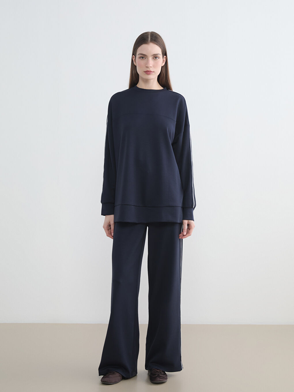 Lacivert Bisiklet Yaka Oversize Kadın Sweatshirt Tunik-1