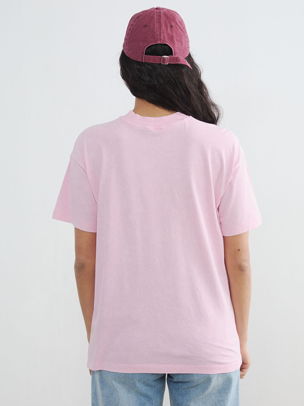 Pembe Bisiklet Yaka Baskılı Kadın Tişört-3