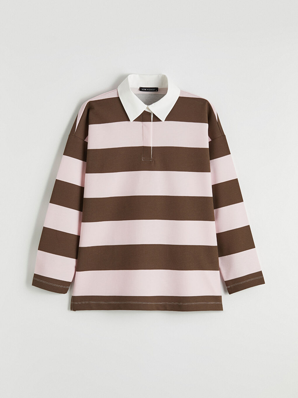 Pembe Polo Yaka Çizgili Oversize Kadın Sweatshirt Tunik