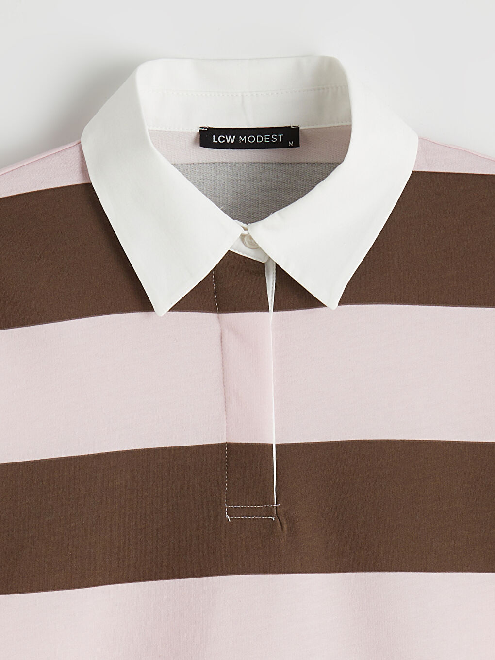 Pembe Polo Yaka Çizgili Oversize Kadın Sweatshirt Tunik-1