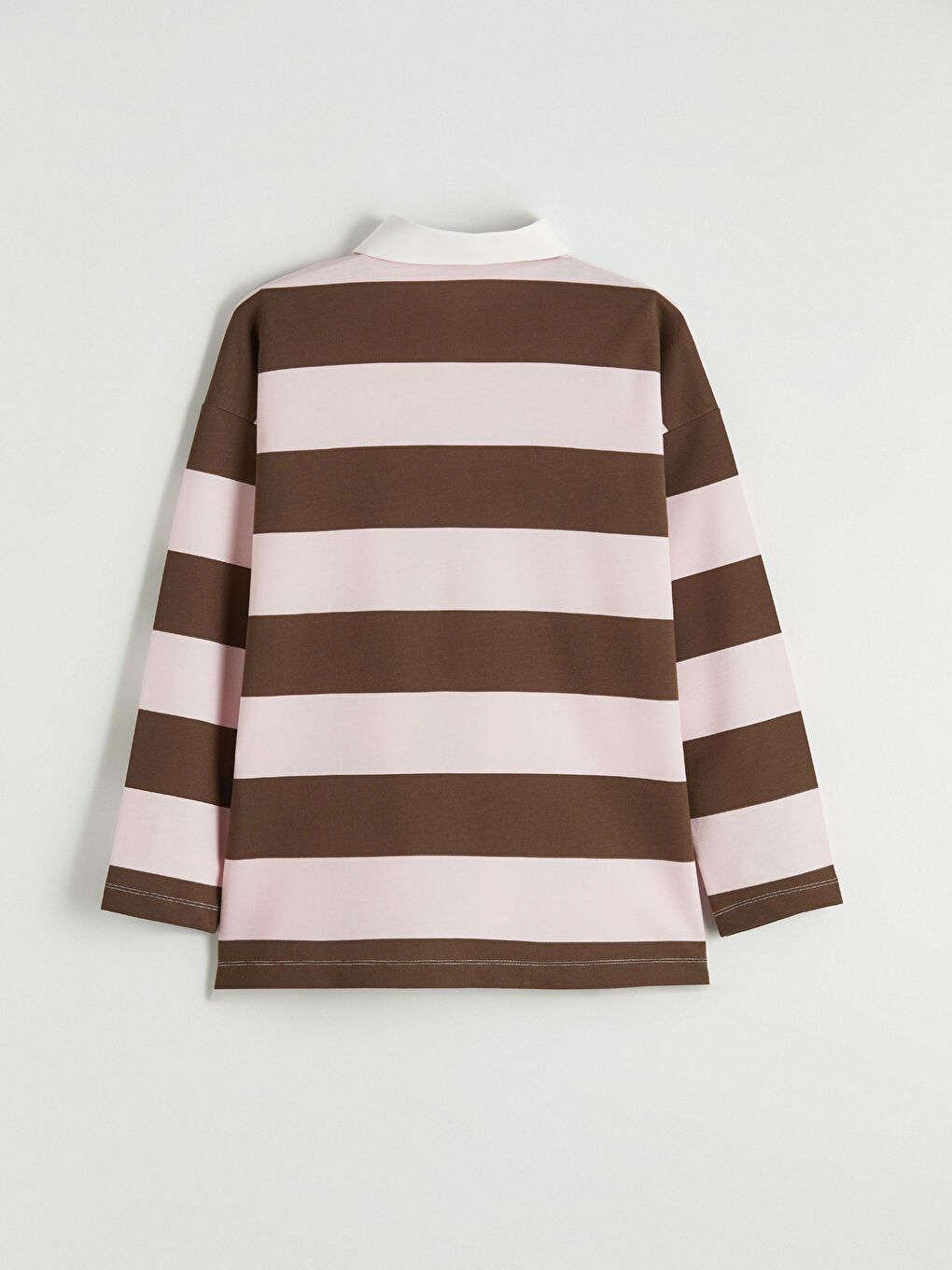 Pembe Polo Yaka Çizgili Oversize Kadın Sweatshirt Tunik-3