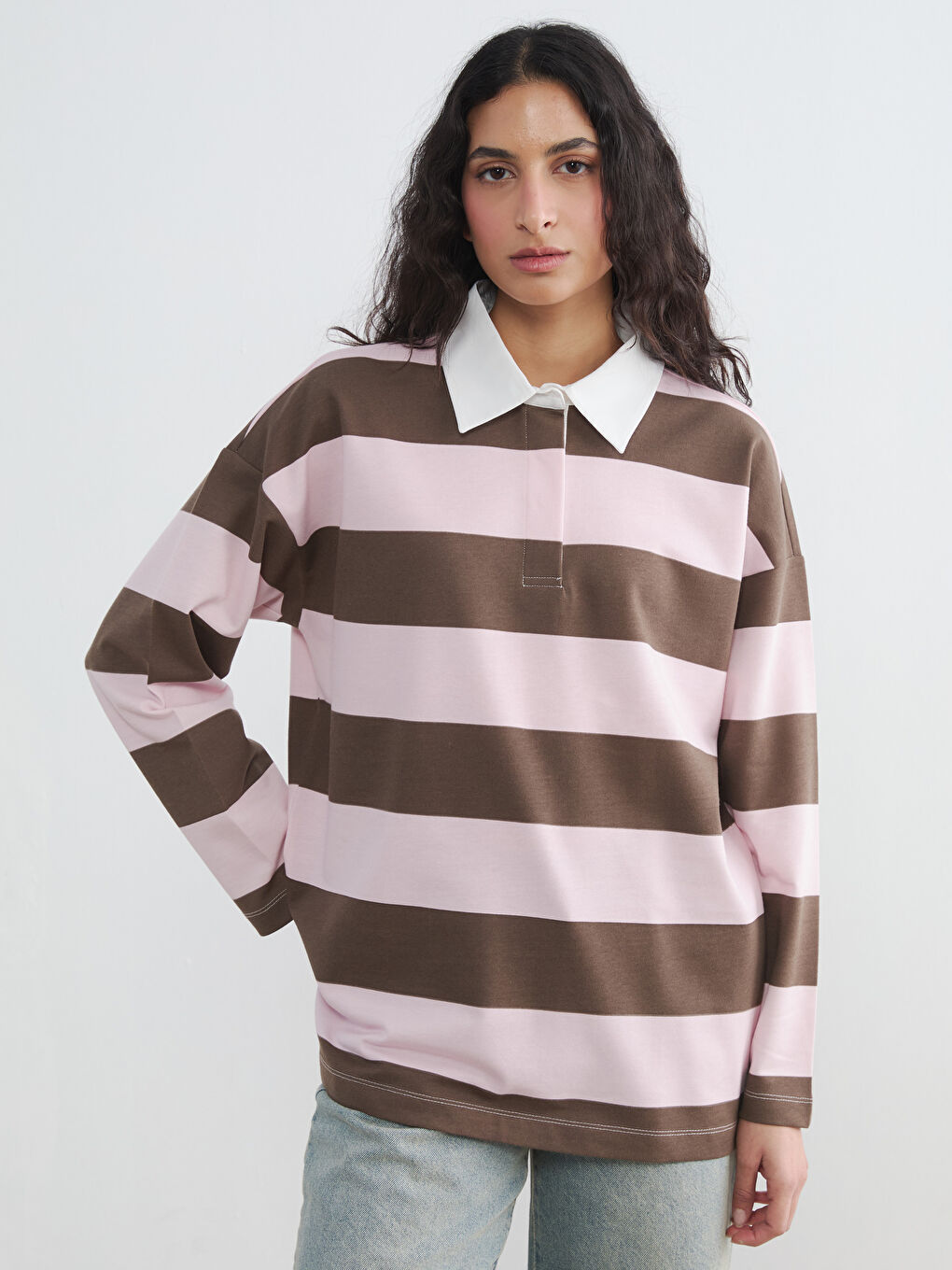 Pembe Polo Yaka Çizgili Oversize Kadın Sweatshirt Tunik