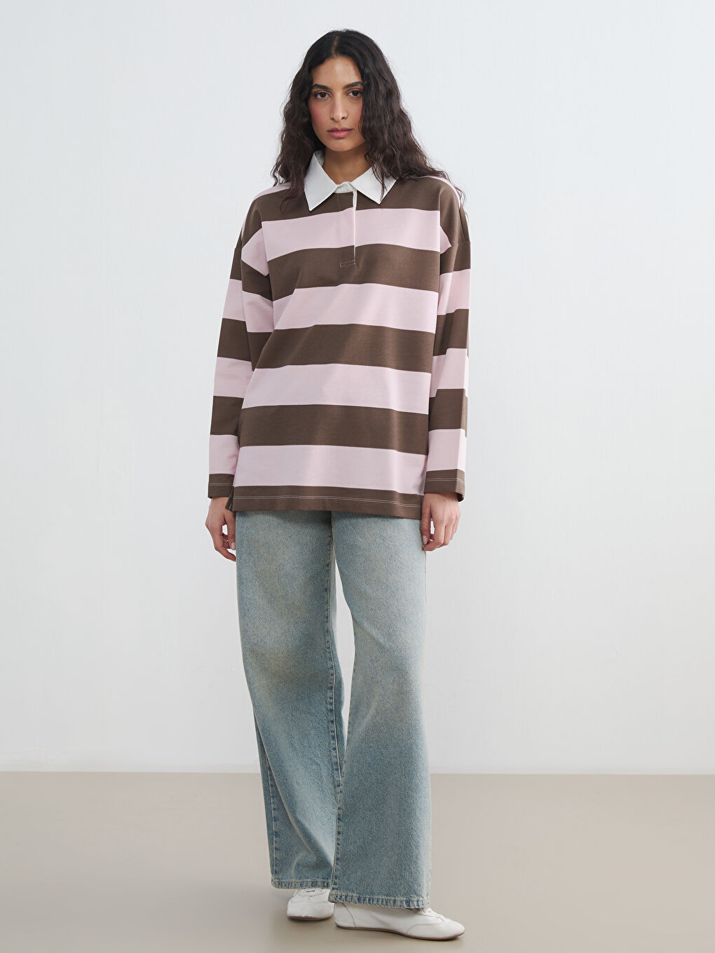 Pembe Polo Yaka Çizgili Oversize Kadın Sweatshirt Tunik-1