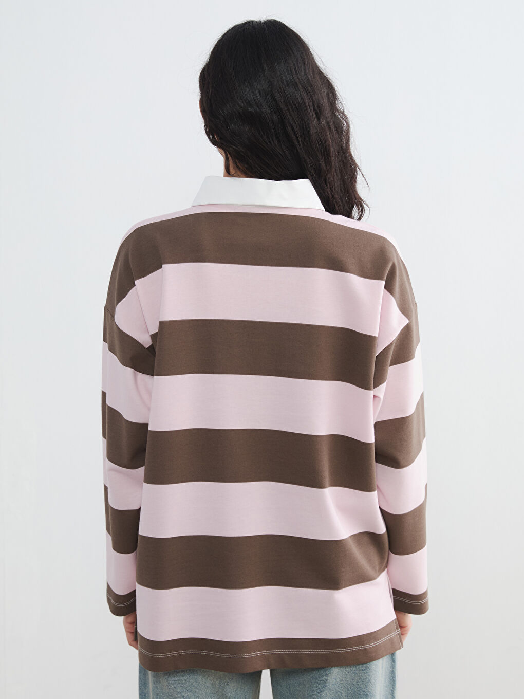 Pembe Polo Yaka Çizgili Oversize Kadın Sweatshirt Tunik-3