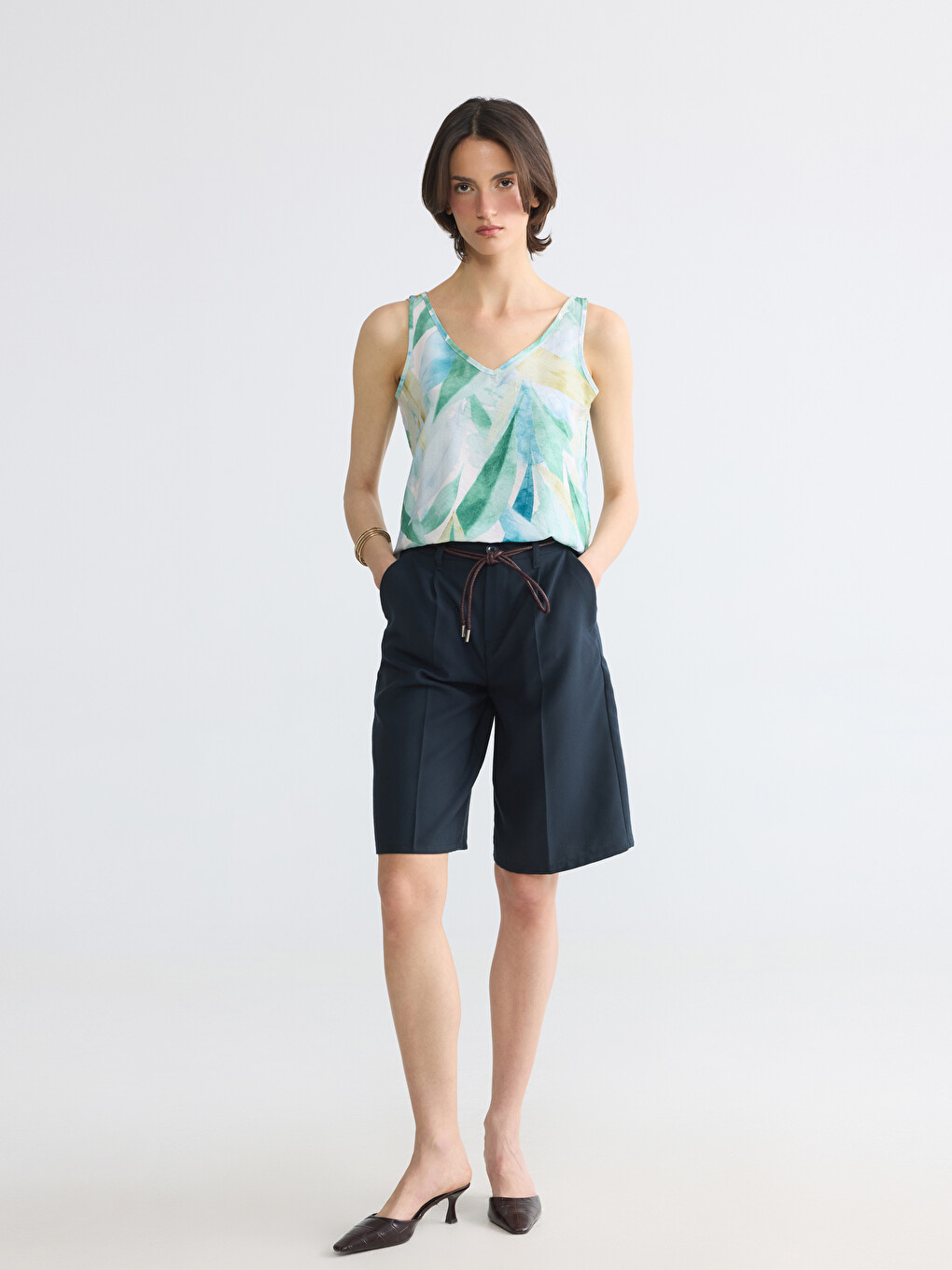 V Neck Leaf Patterned Blouse-1