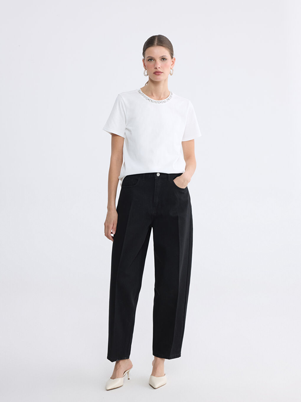 Siyah Yüksek Bel Barrel Fit Kadın Jean Pantolon