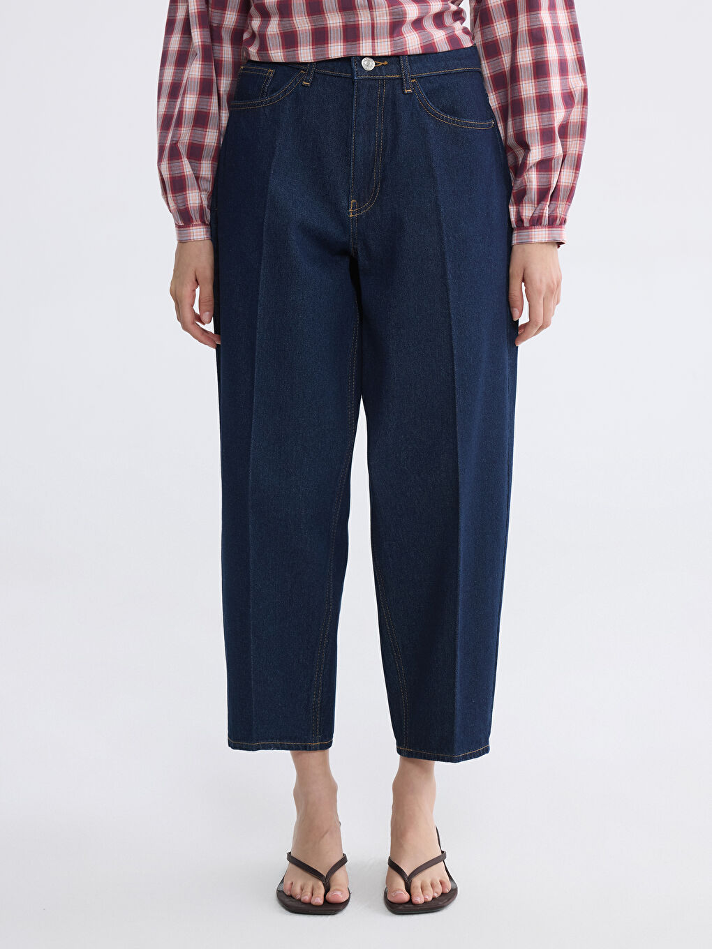 İndigo Yüksek Bel Barrel Fit Kadın Jean Pantolon-1