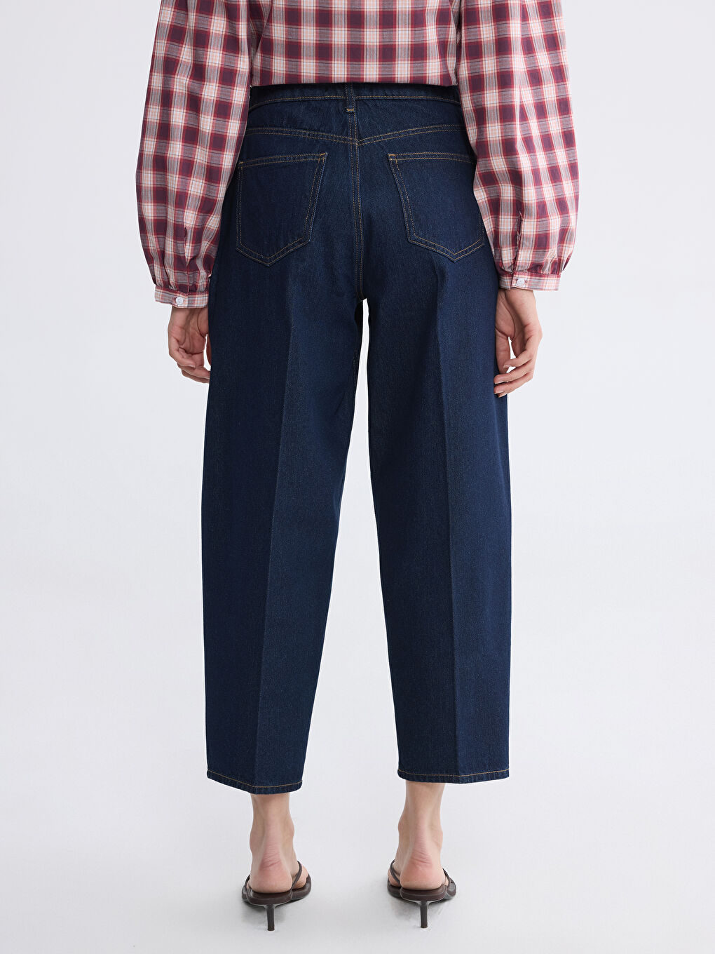 İndigo Yüksek Bel Barrel Fit Kadın Jean Pantolon-3