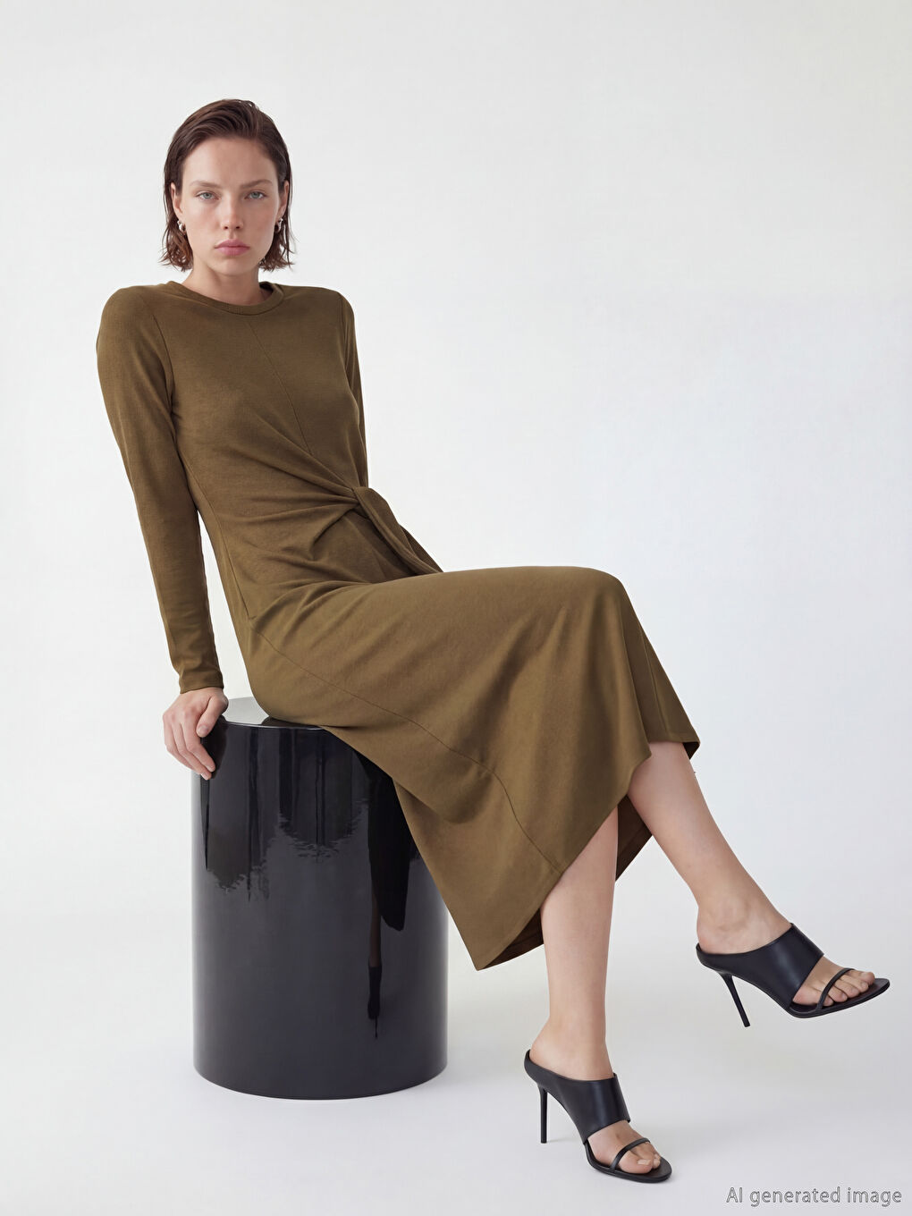 Yeşil Bisiklet Yaka Bağlama Detaylı Elbise	