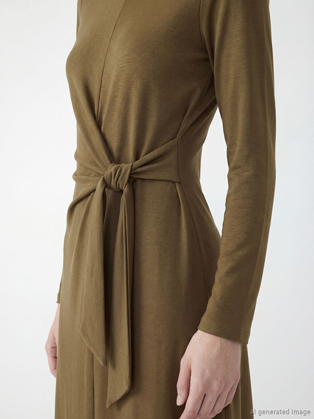 Yeşil Bisiklet Yaka Bağlama Detaylı Elbise	-1