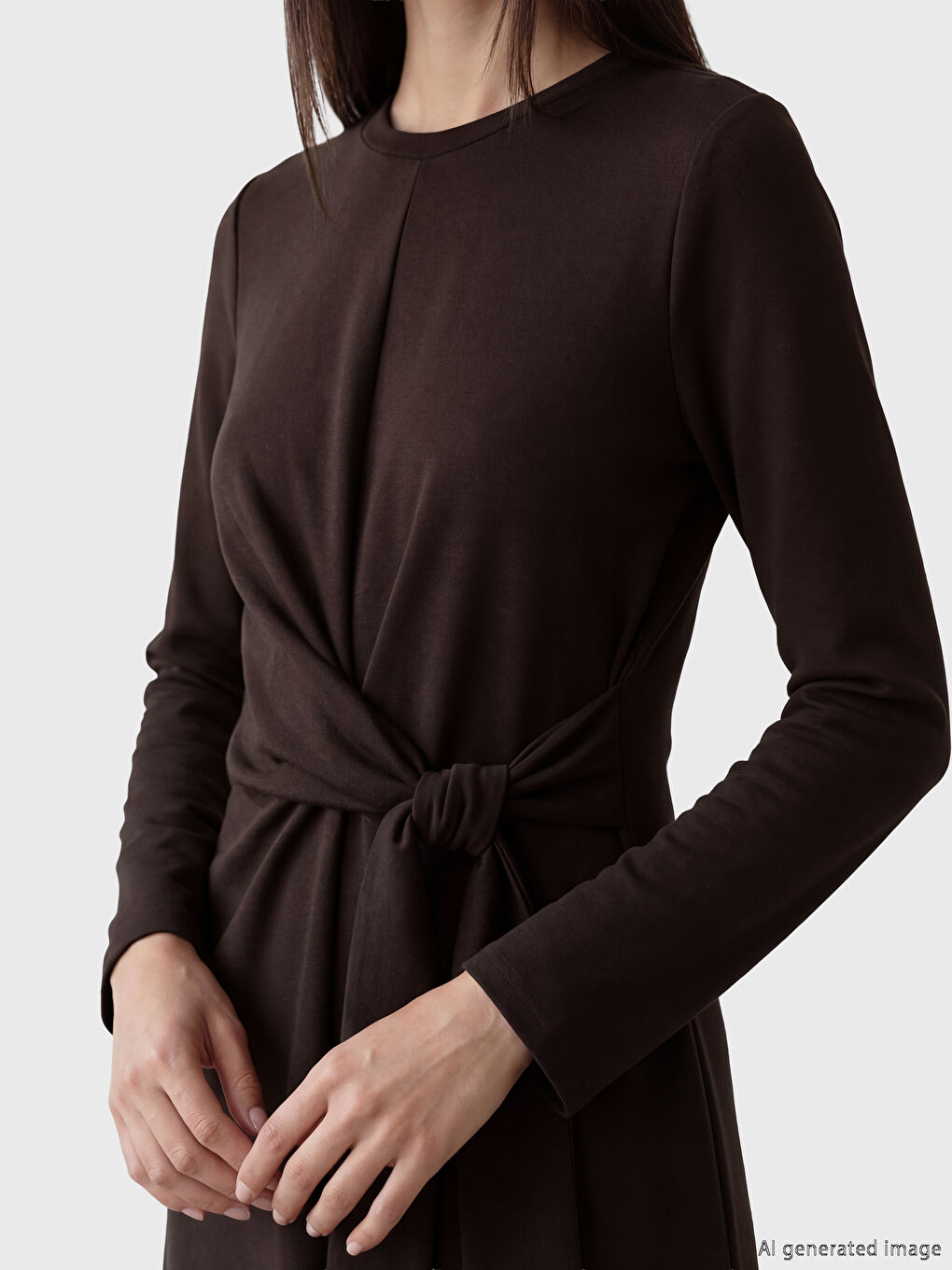 Bordo Bisiklet Yaka Bağlama Detaylı Elbise	-1