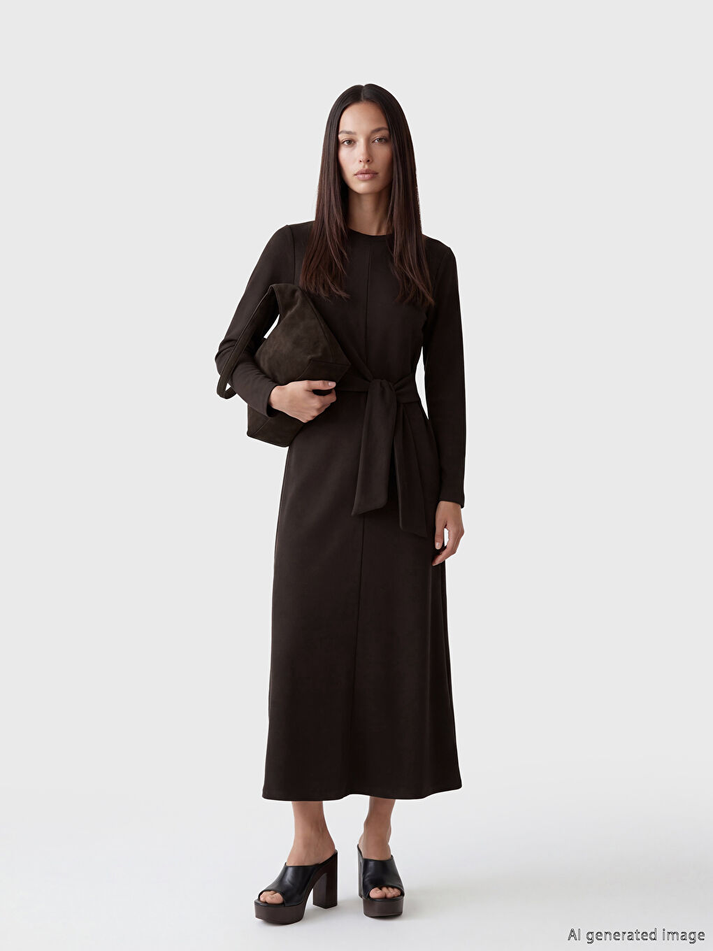 Kahverengi Bisiklet Yaka Bağlama Detaylı Elbise	