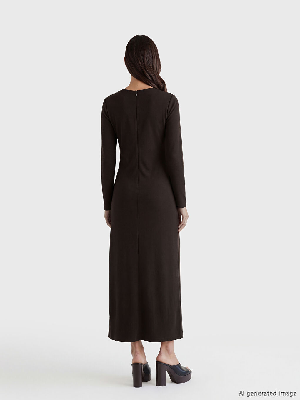 Kahverengi Bisiklet Yaka Bağlama Detaylı Elbise	-1