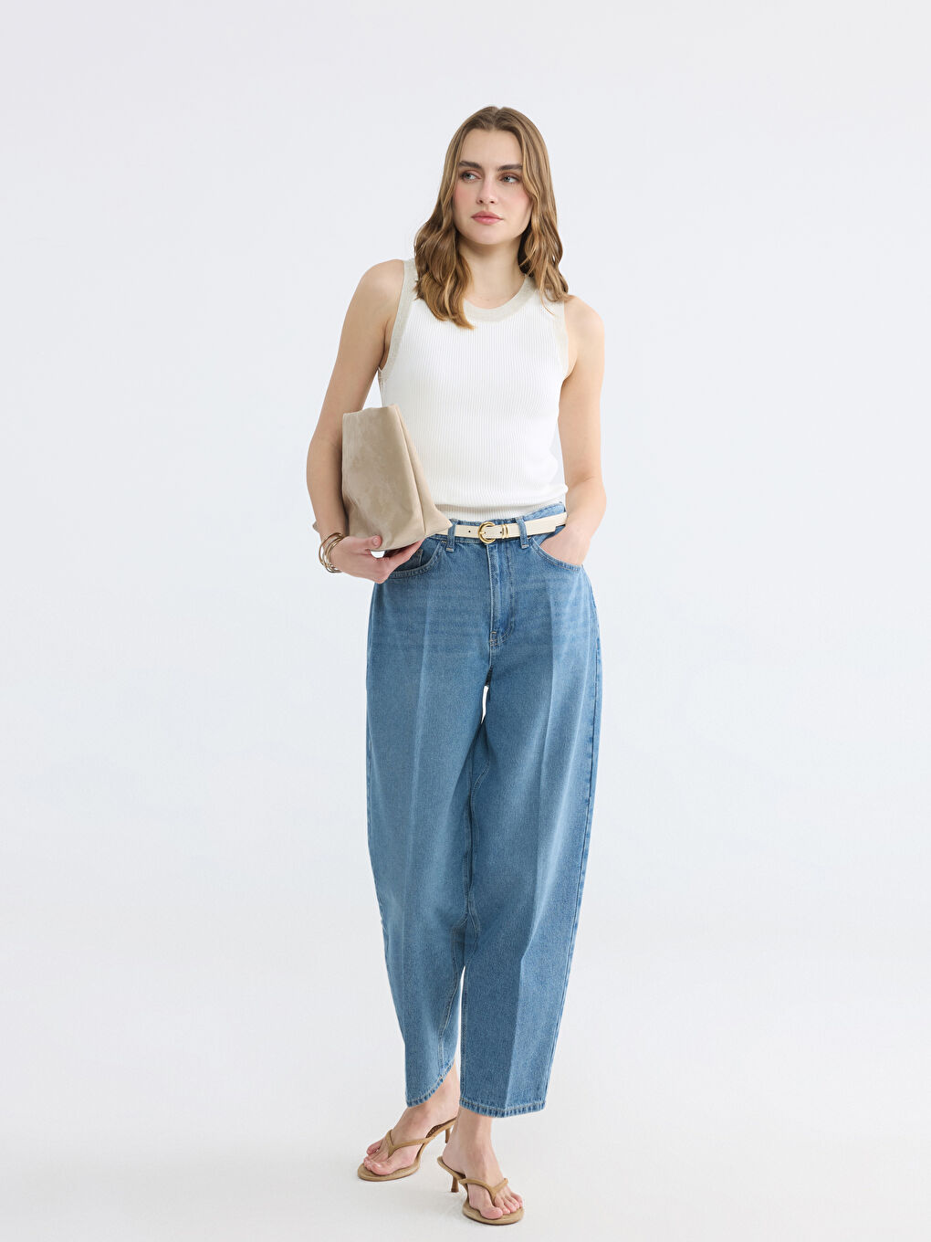 İndigo Yüksek Bel Barrel Fit Kadın Jean Pantolon