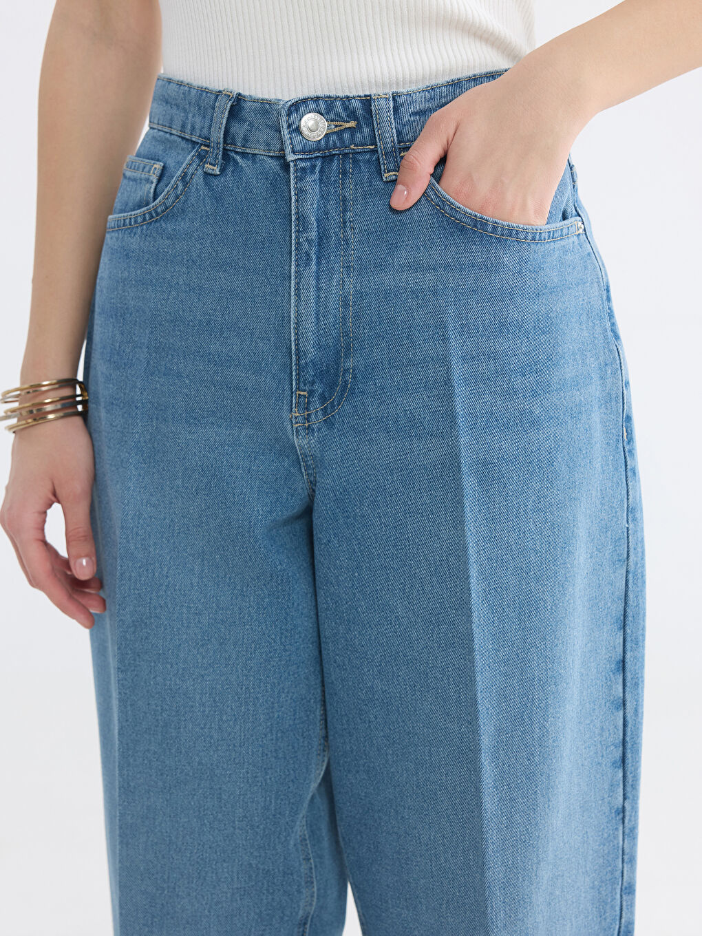 İndigo Yüksek Bel Barrel Fit Kadın Jean Pantolon-2