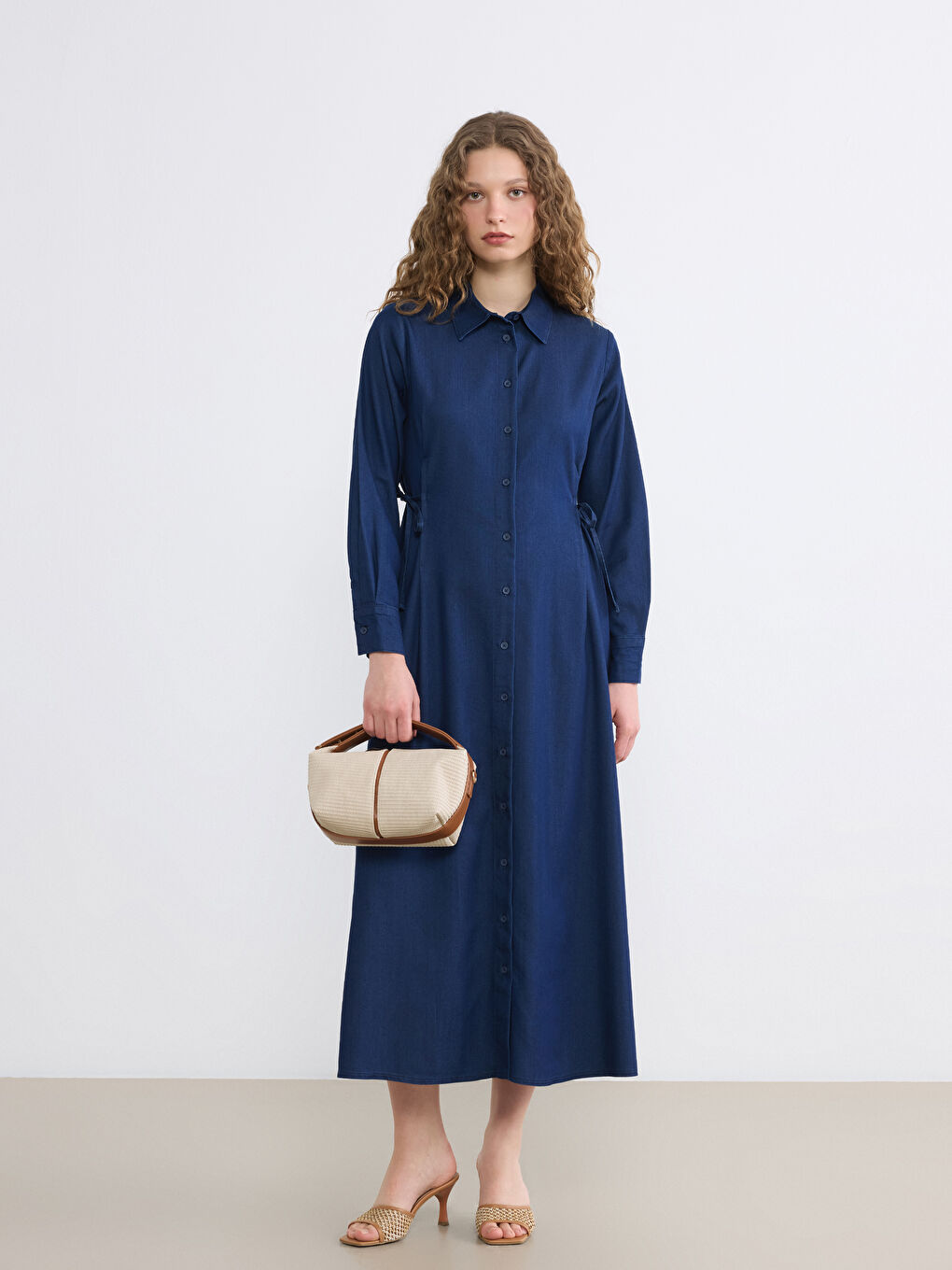 İndigo Gömlek Yaka Beli Bağcıklı Jean Elbise-1