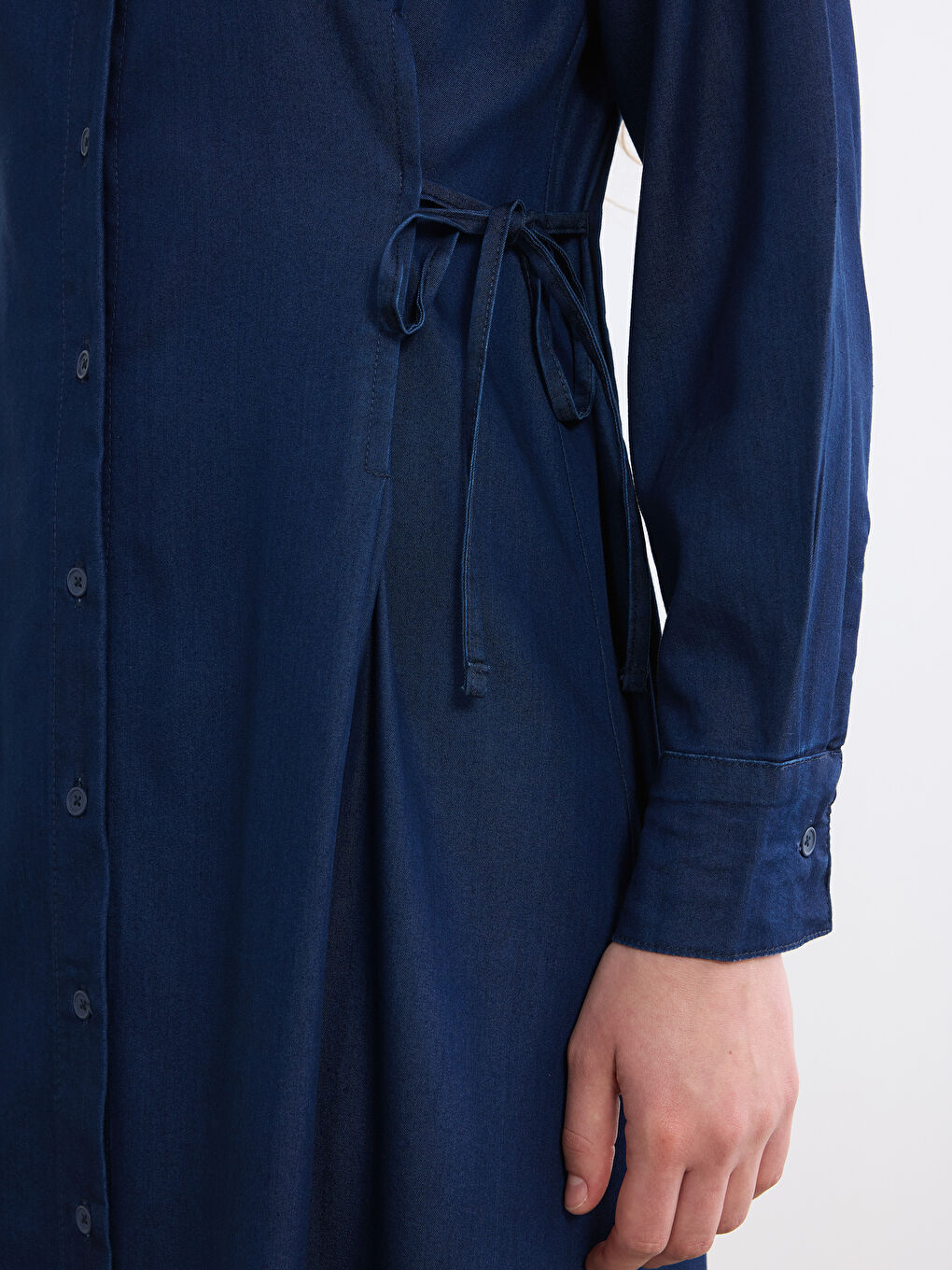 İndigo Gömlek Yaka Beli Bağcıklı Jean Elbise-2