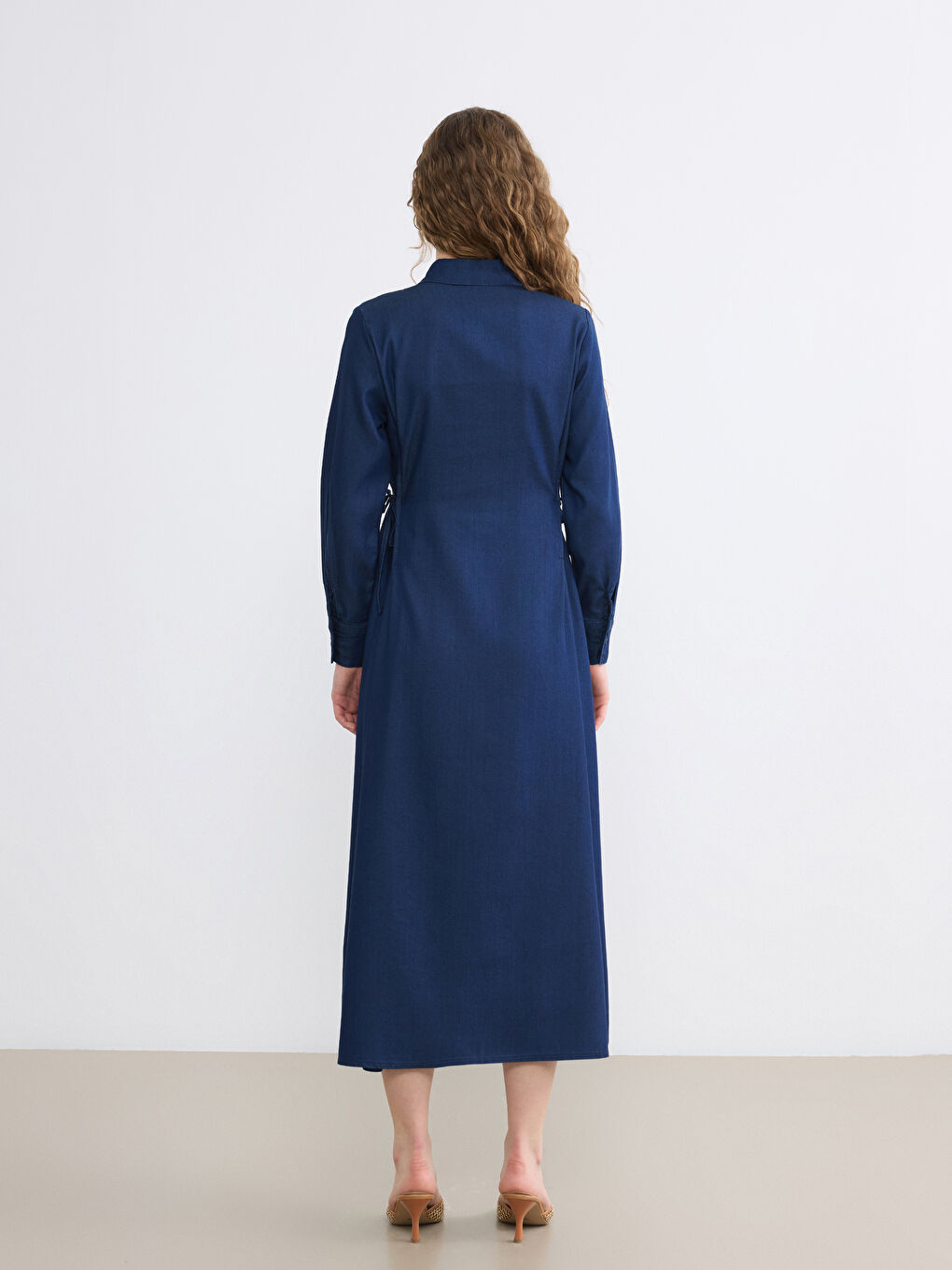 İndigo Gömlek Yaka Beli Bağcıklı Jean Elbise-3