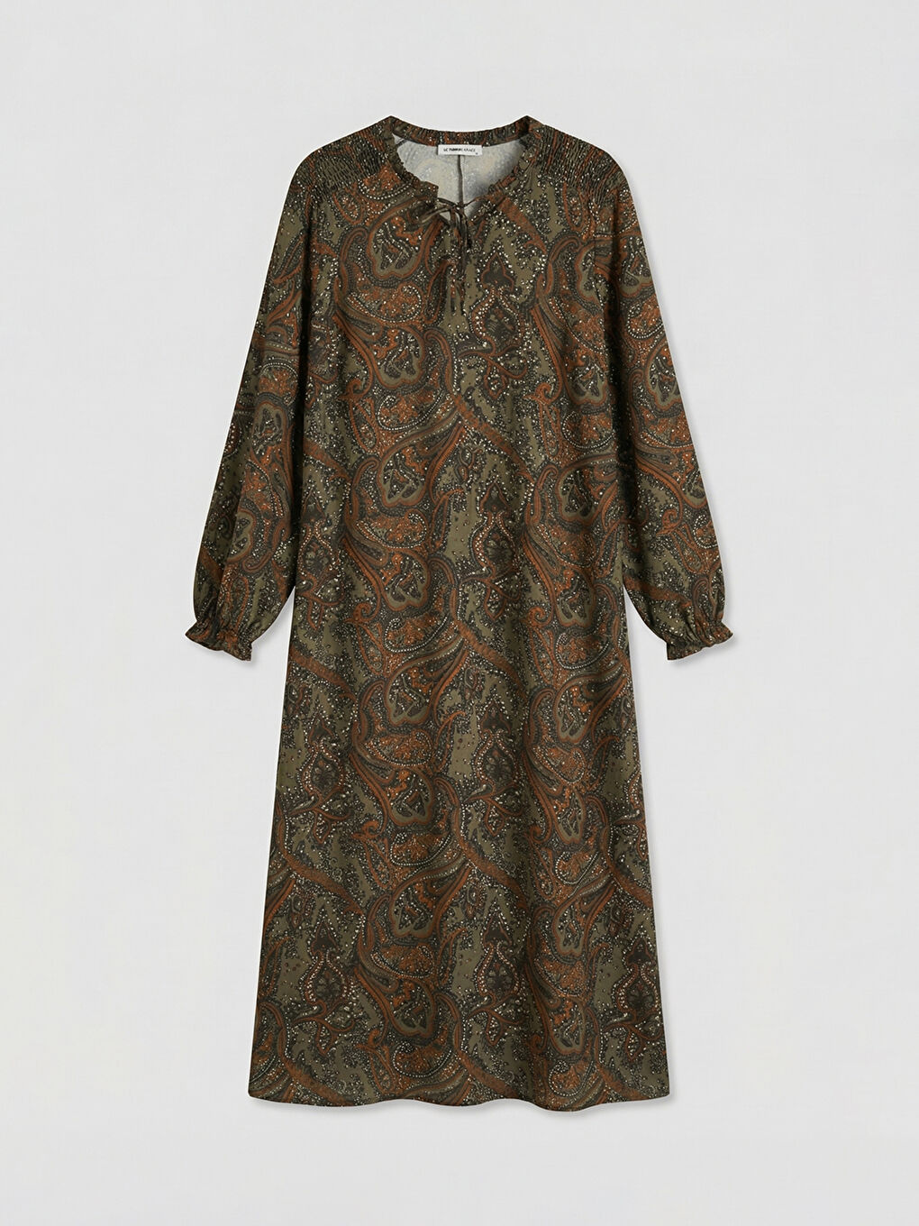 Haki Bağlamalı Yaka Desenli Elbise