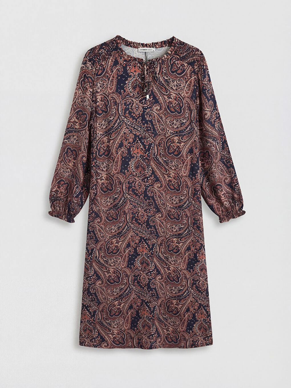 Lacivert Bağlamalı Yaka Desenli Elbise	