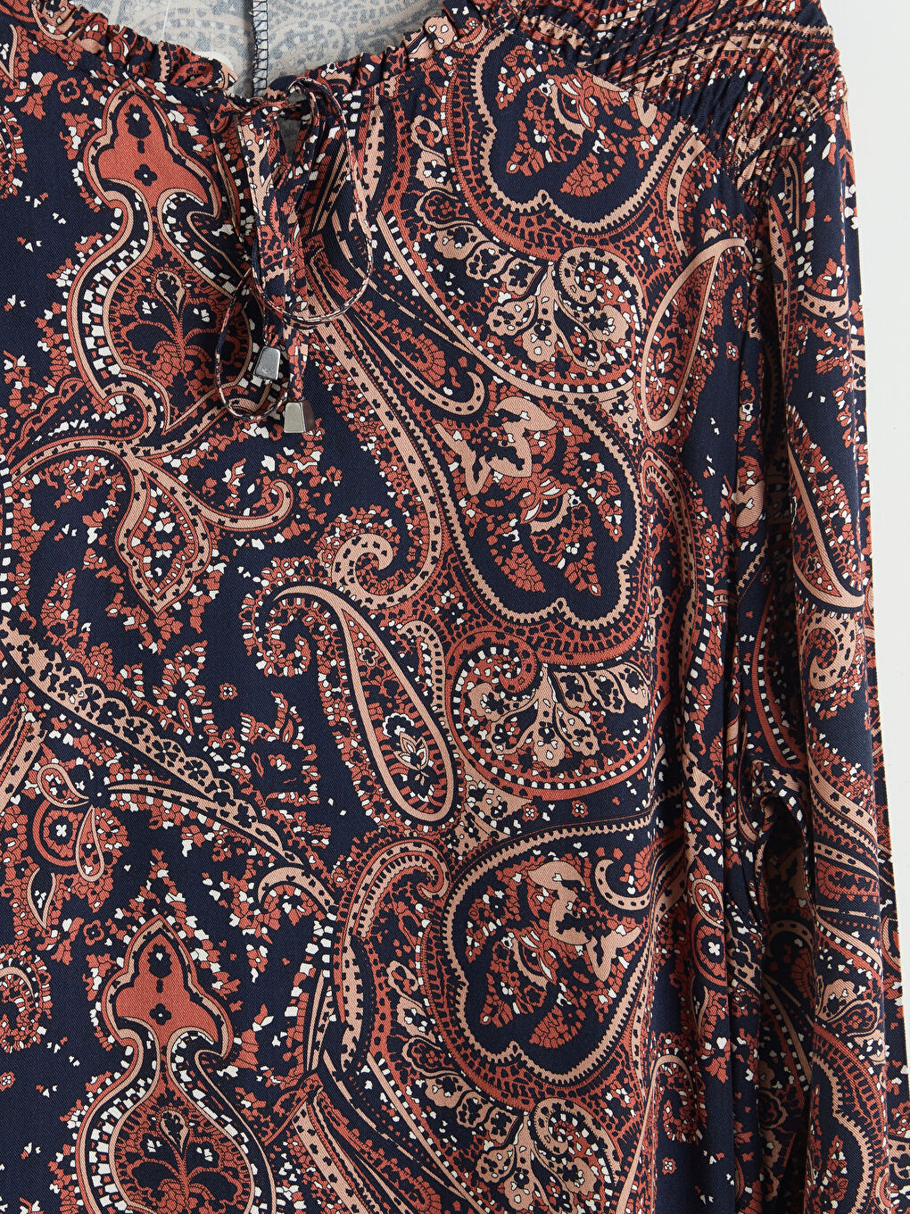 Lacivert Bağlamalı Yaka Desenli Elbise	-2