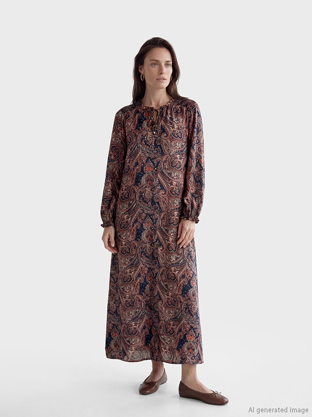 Lacivert Bağlamalı Yaka Desenli Elbise	