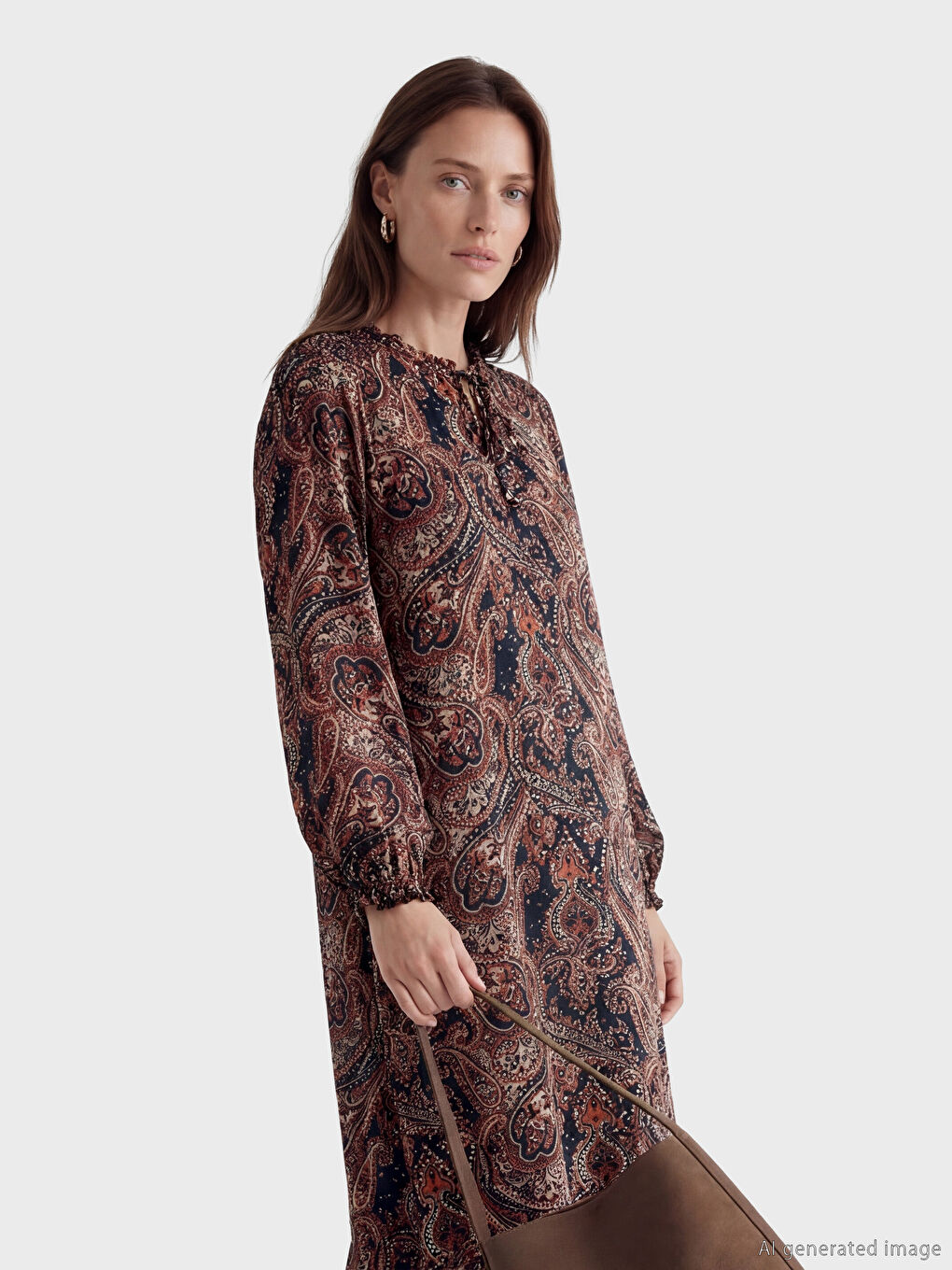 Lacivert Bağlamalı Yaka Desenli Elbise	-1