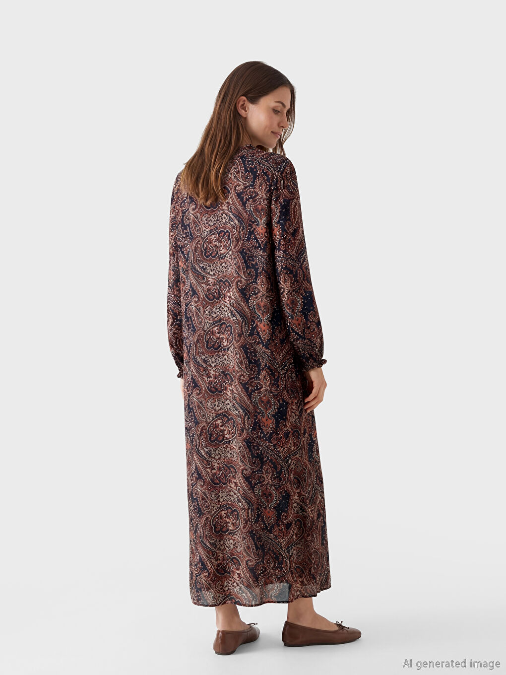 Lacivert Bağlamalı Yaka Desenli Elbise	-2