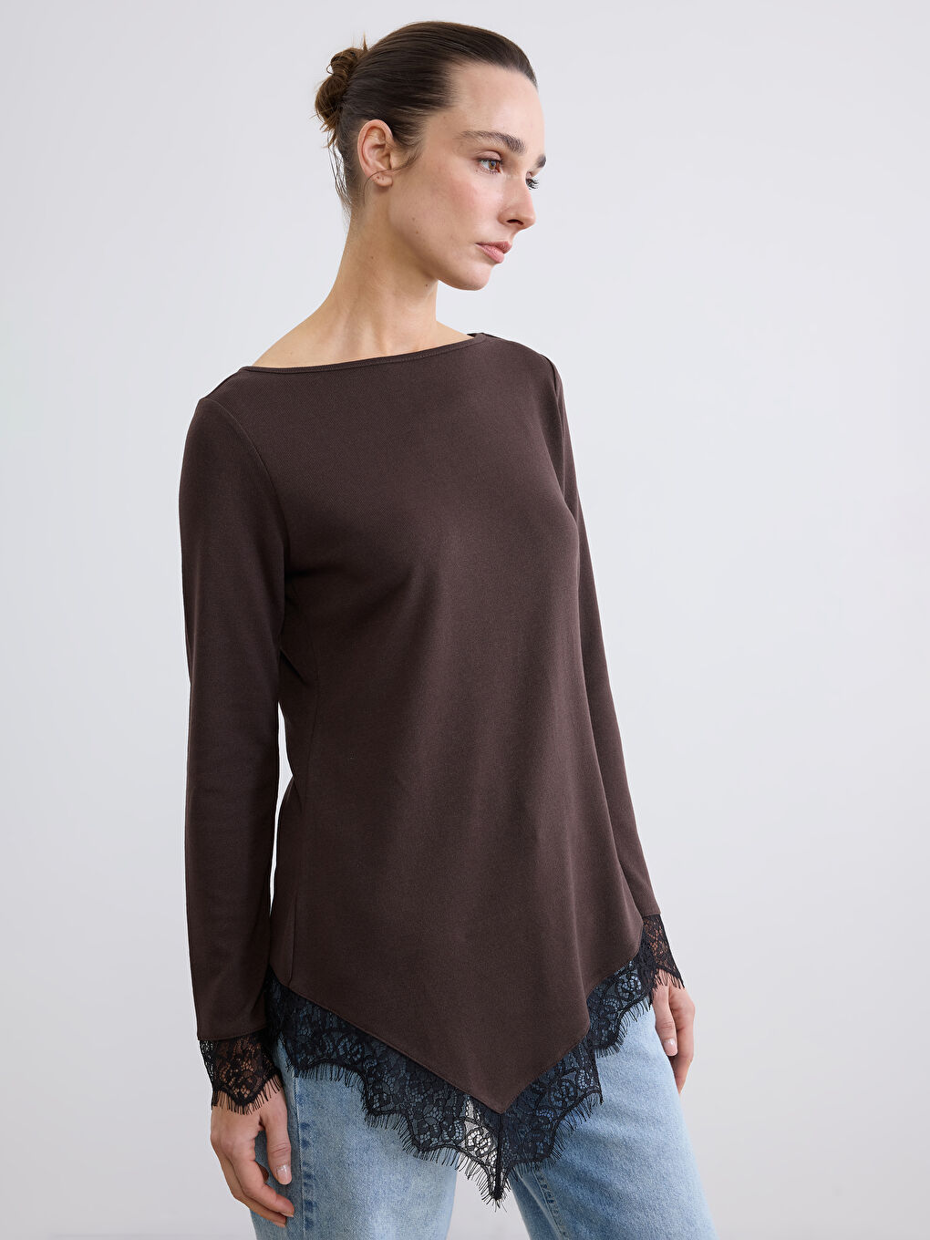 Women's Slash Neck Asymmetric Lace Blouse