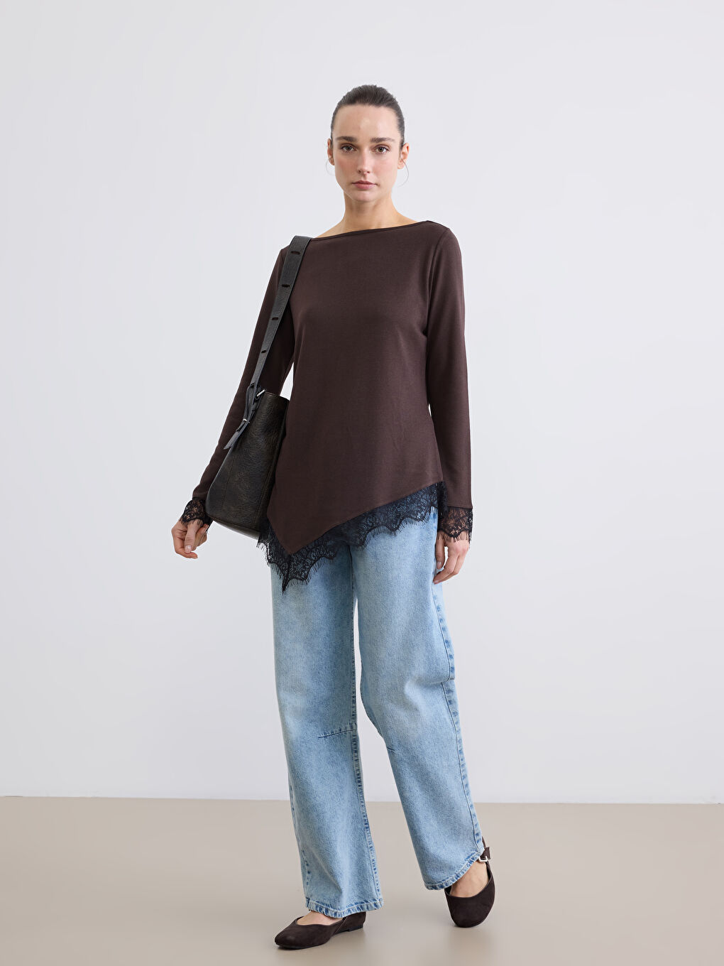 Women's Slash Neck Asymmetric Lace Blouse-2