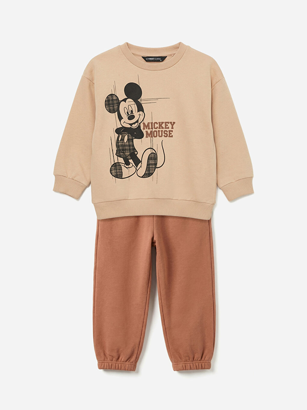 Bej Mickey Mouse Baskılı Erkek Bebek Sweatshirt ve Eşofman Altı