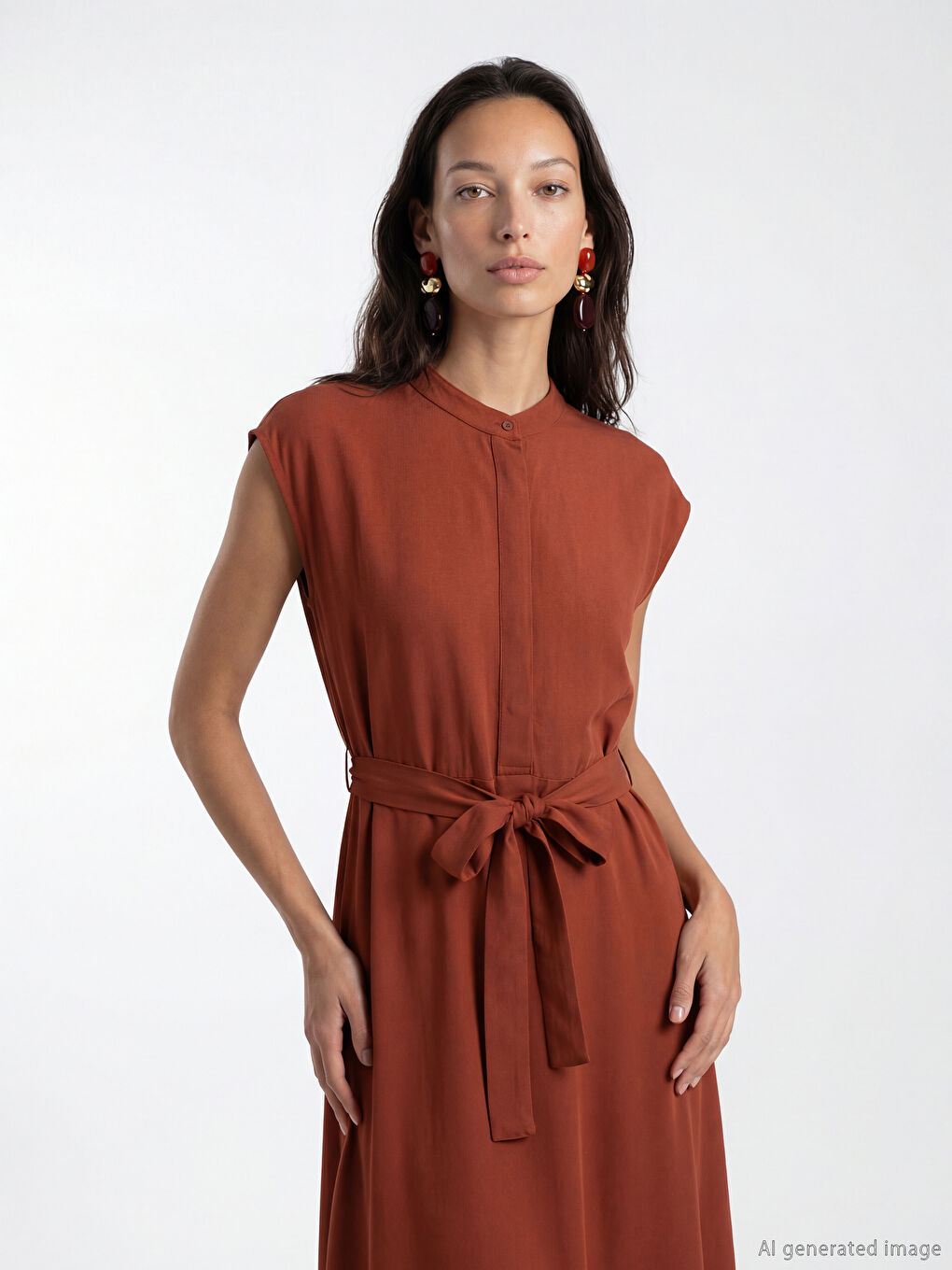 Φόρεμα για γυναίκες με κολάρο μπάντα, ζώνη, φόρμα και ύφασμα μπελμάντο-1