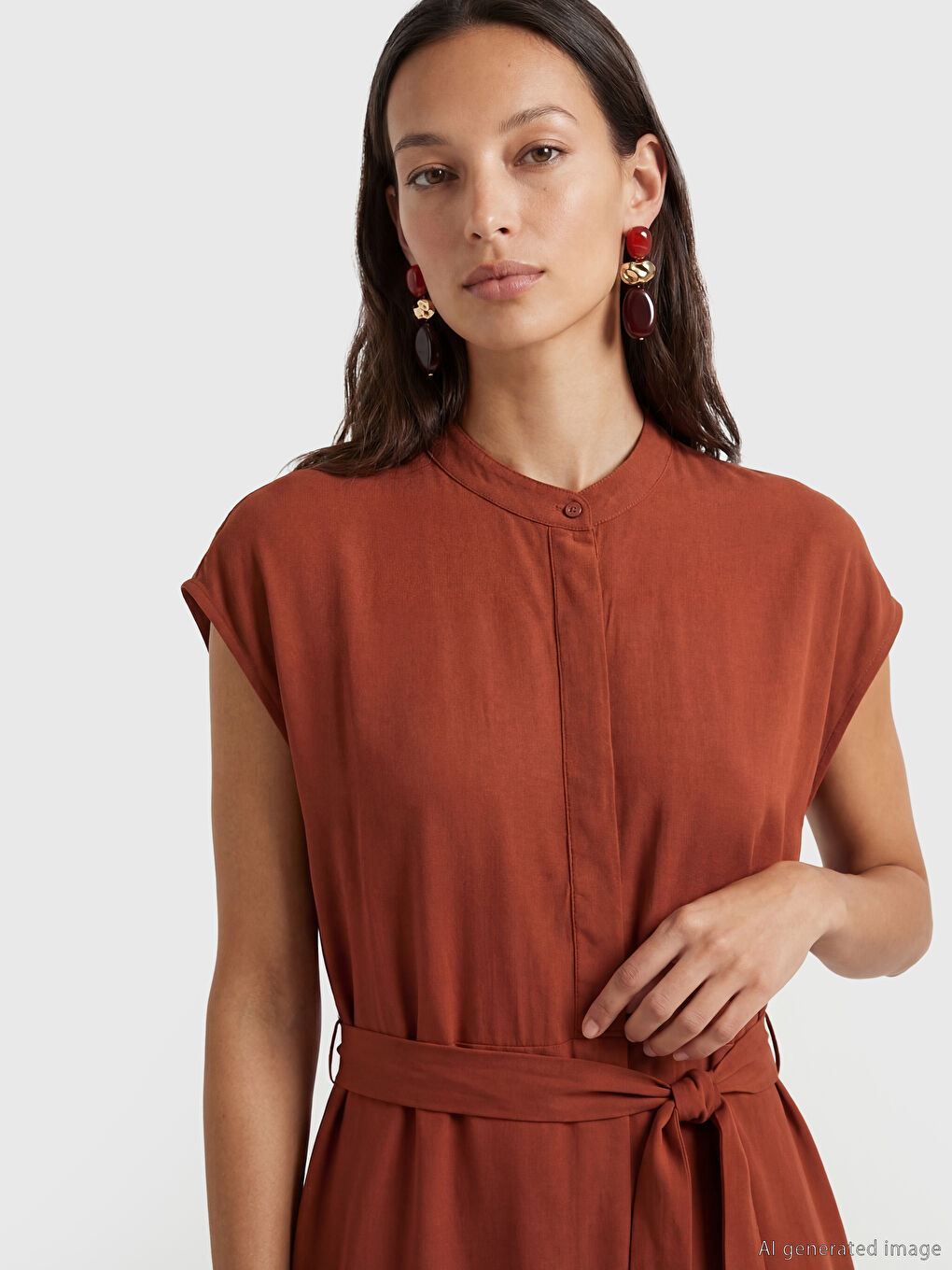 Φόρεμα για γυναίκες με κολάρο μπάντα, ζώνη, φόρμα και ύφασμα μπελμάντο-2