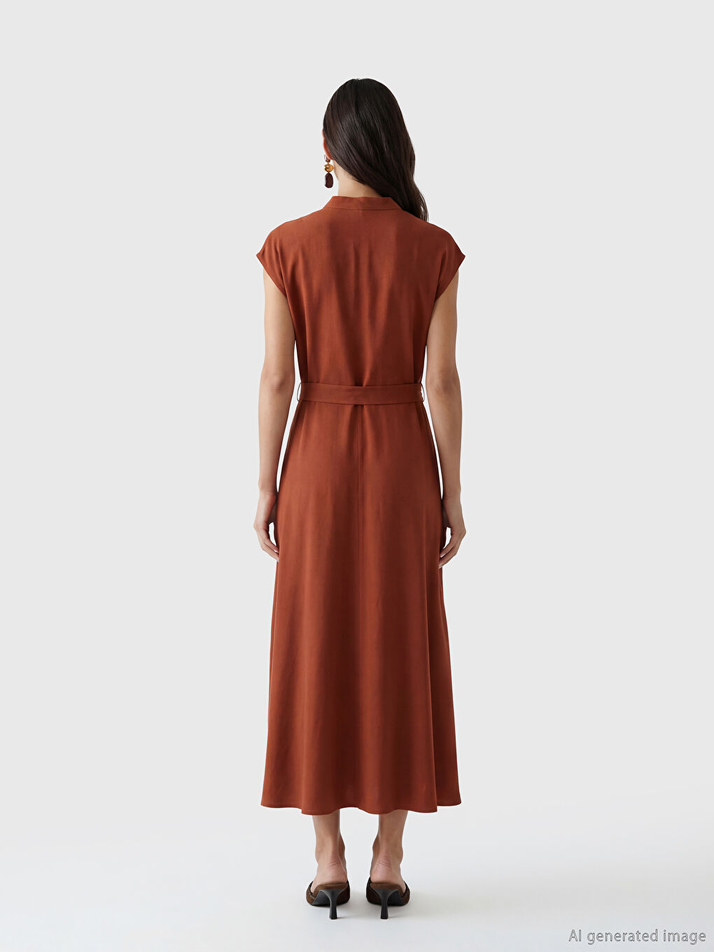 Φόρεμα για γυναίκες με κολάρο μπάντα, ζώνη, φόρμα και ύφασμα μπελμάντο-3