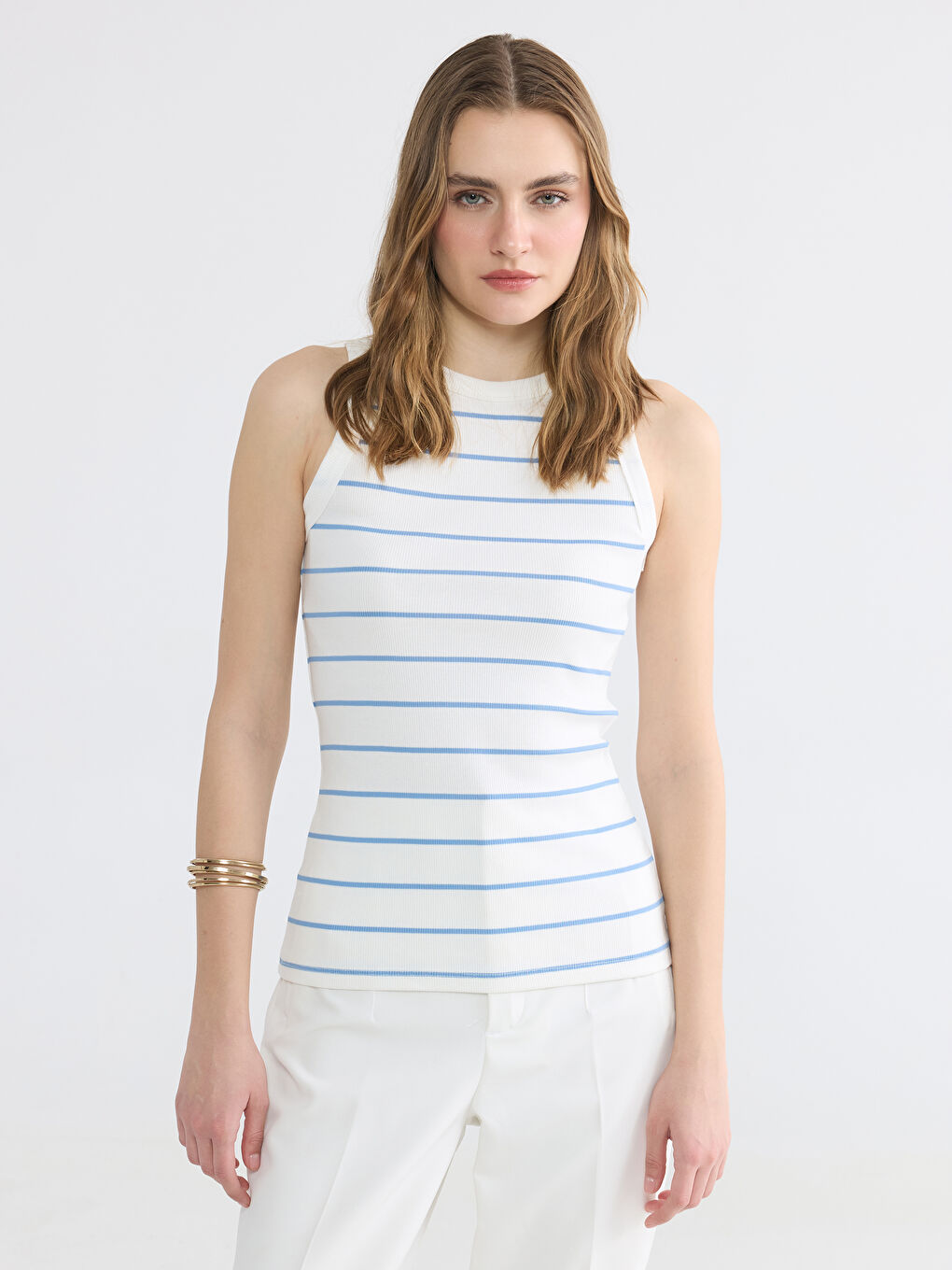 Mavi Bisiklet Yaka Çizgili Kadın Atlet