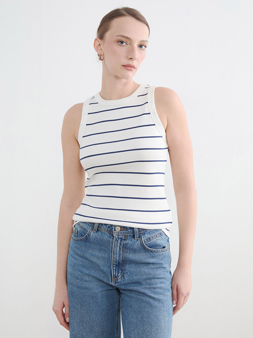 Lacivert Bisiklet Yaka Çizgili Kadın Atlet