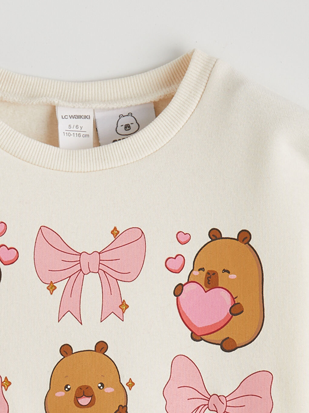 Ekru Bisiklet Yaka Capyfun Baskılı Kız Çocuk Kalın Sweatshirt-1