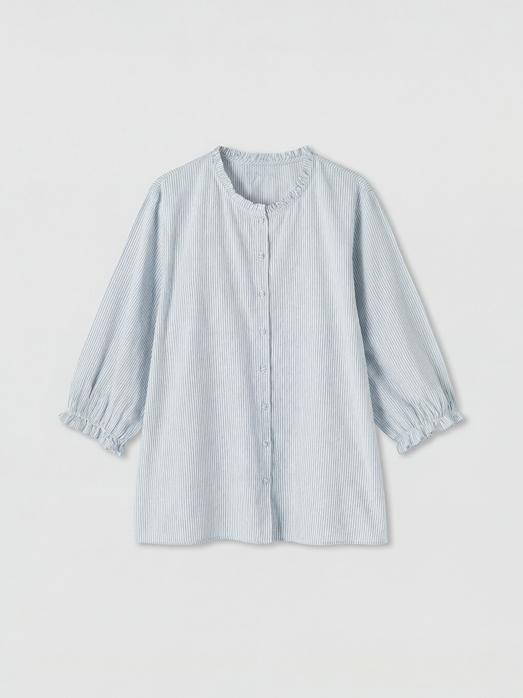 Ruffled Grandad Collar Striped Poplin Women's Shirt-4