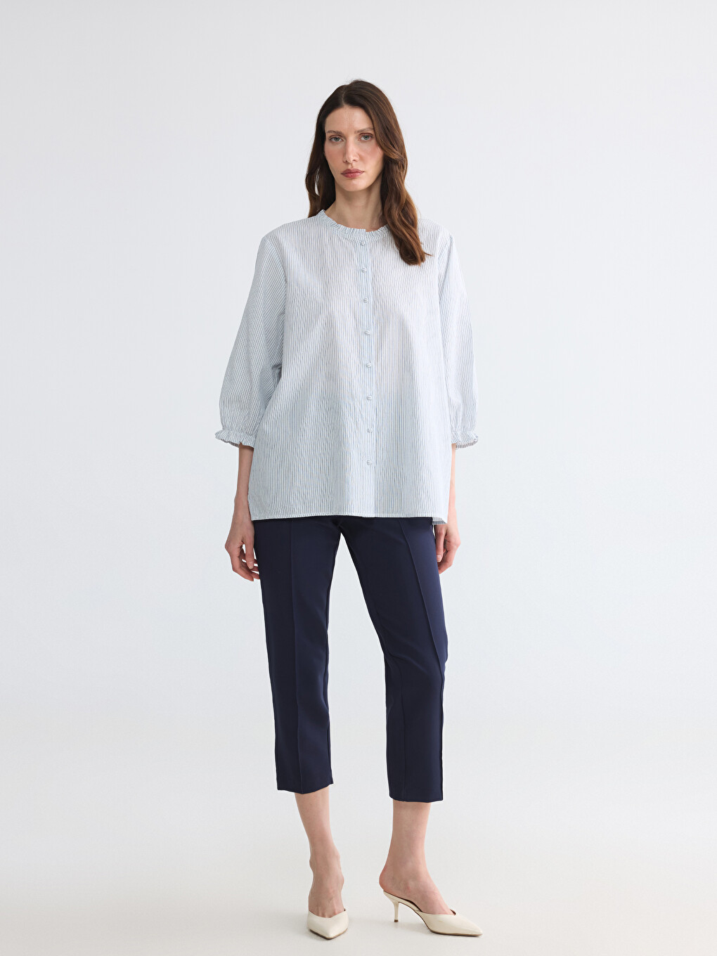 Ruffled Grandad Collar Striped Poplin Women's Shirt-1