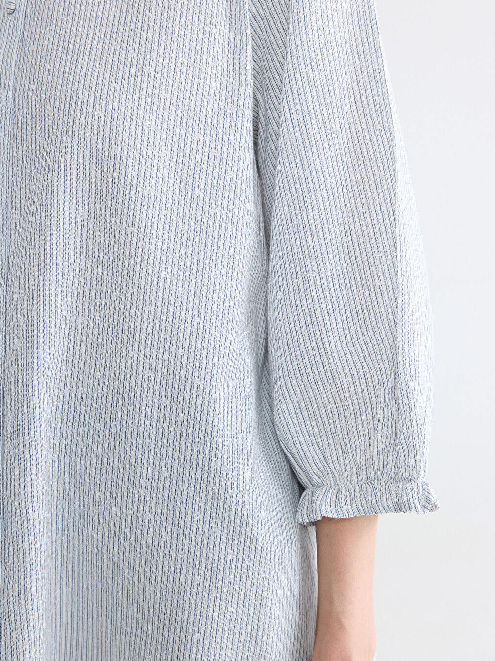 Ruffled Grandad Collar Striped Poplin Women's Shirt-2
