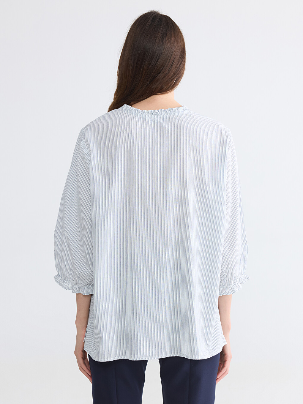Ruffled Grandad Collar Striped Poplin Women's Shirt-3