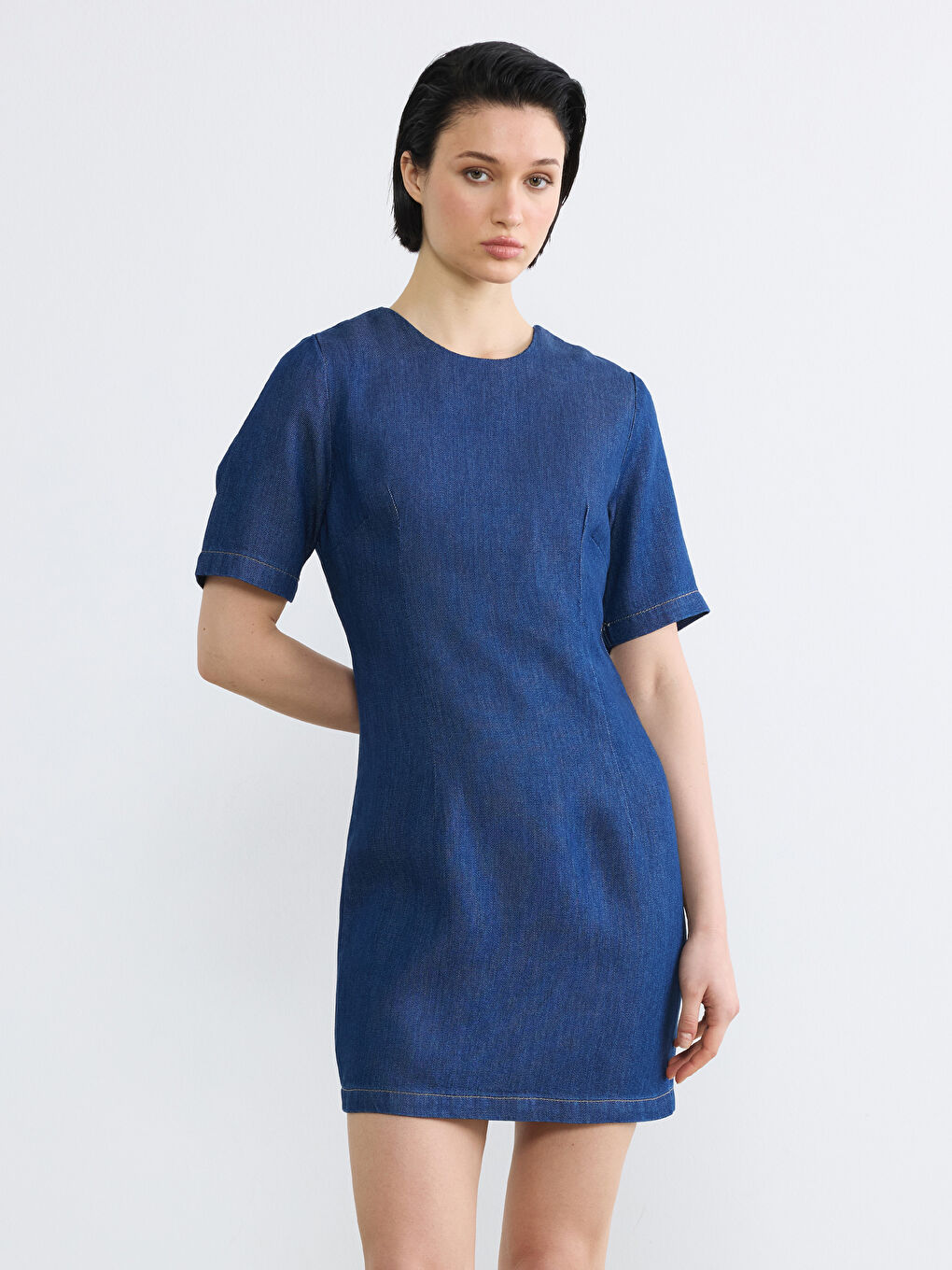 İndigo Bisiklet Yaka Peplum Mini Jean Elbise